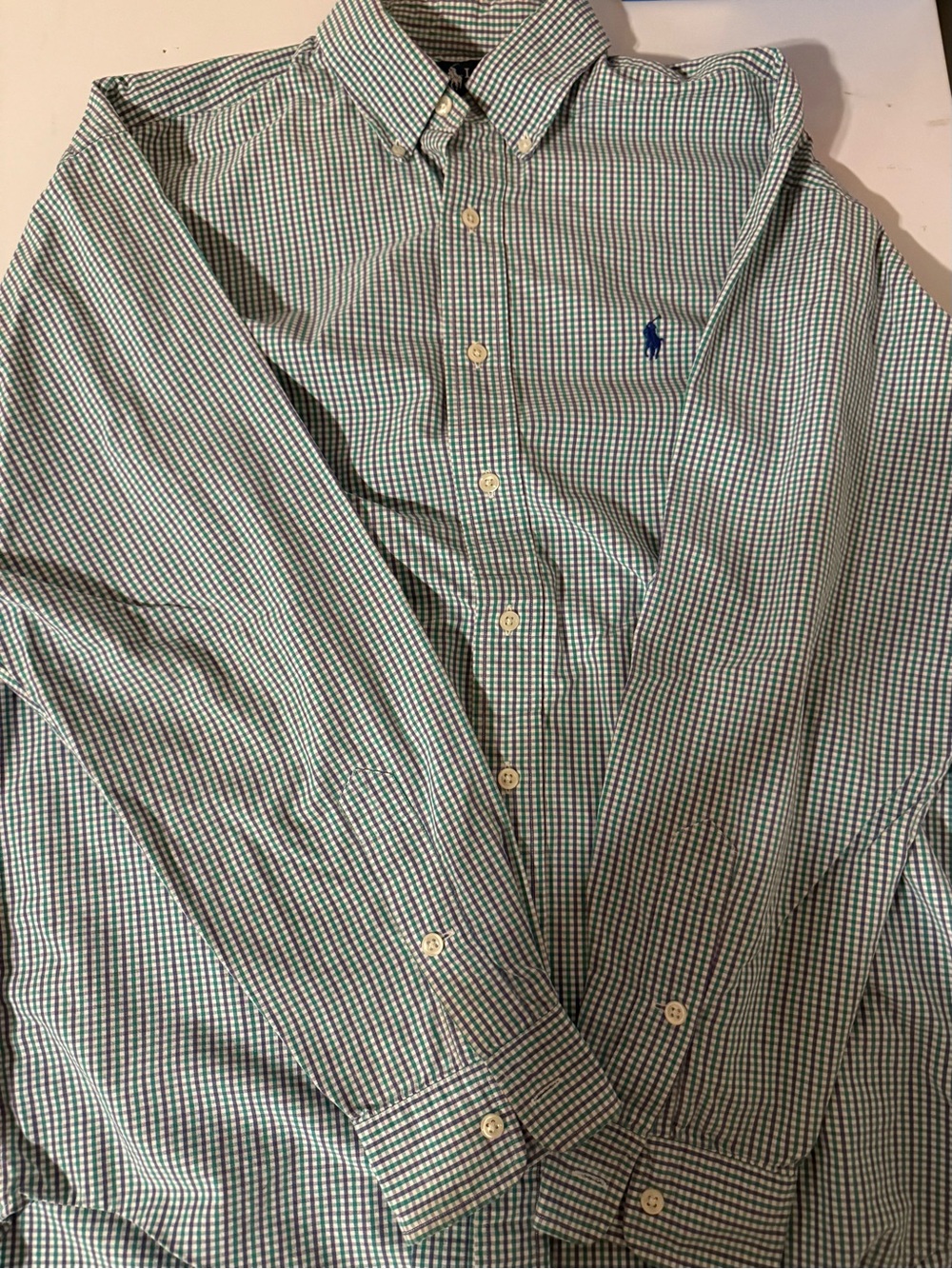 Ralph Lauren Green and White Micro-Check Button-Down Shirt